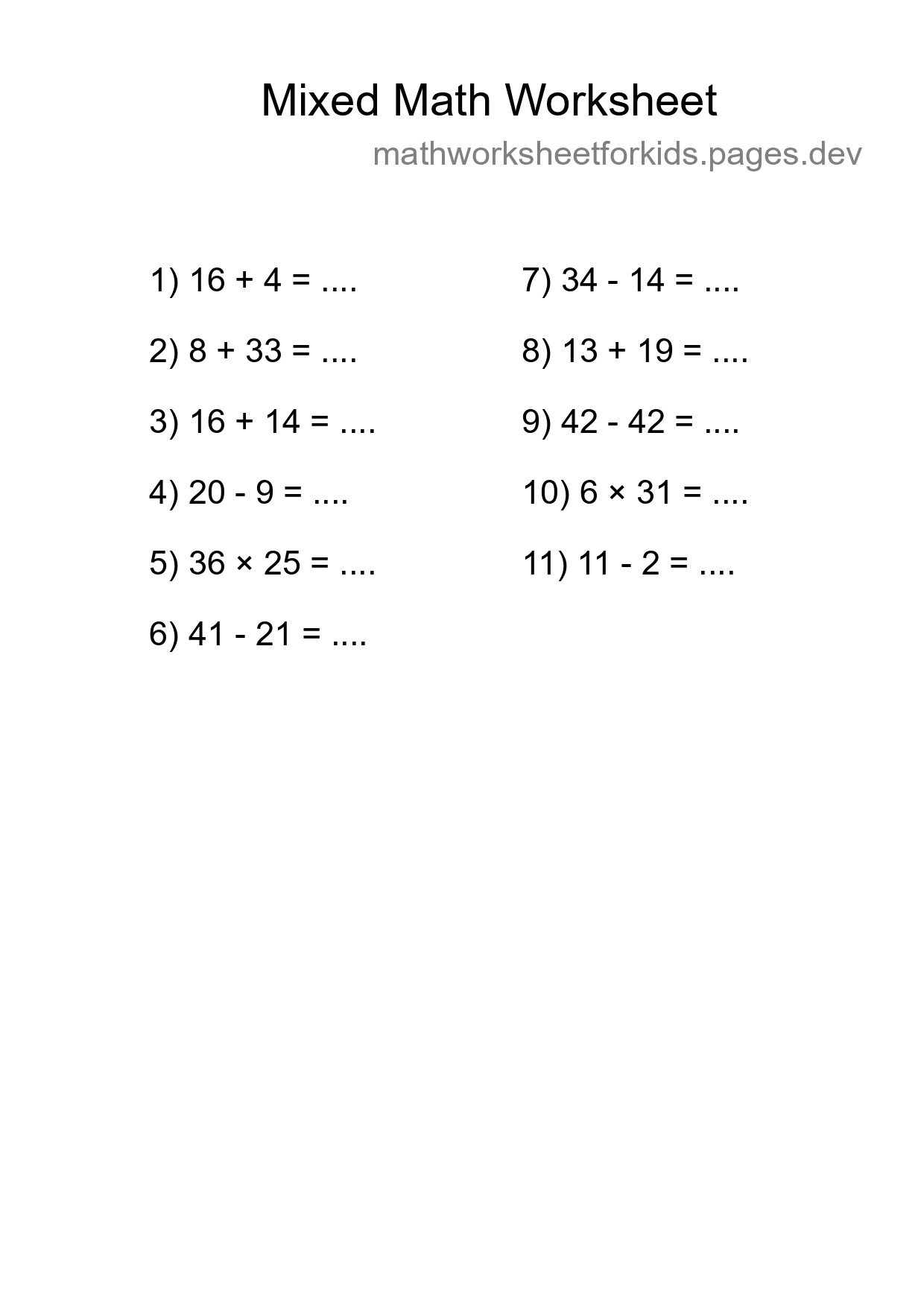 Mixed Operations Math Worksheet