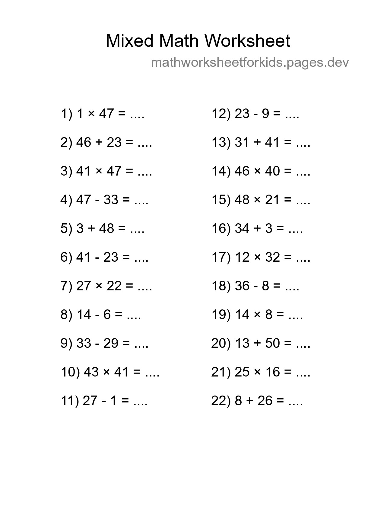 Mixed Operations Math Worksheet