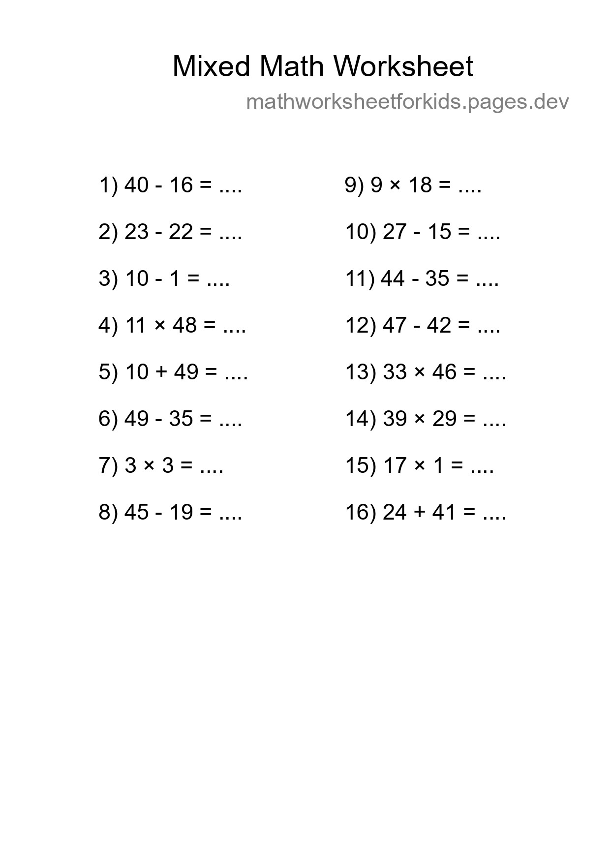 Mixed Operations Math Worksheet