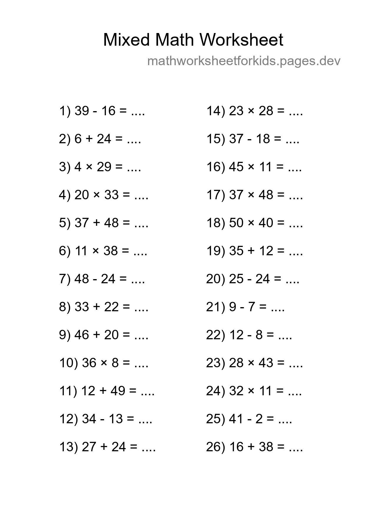 Mixed Operations Math Worksheet