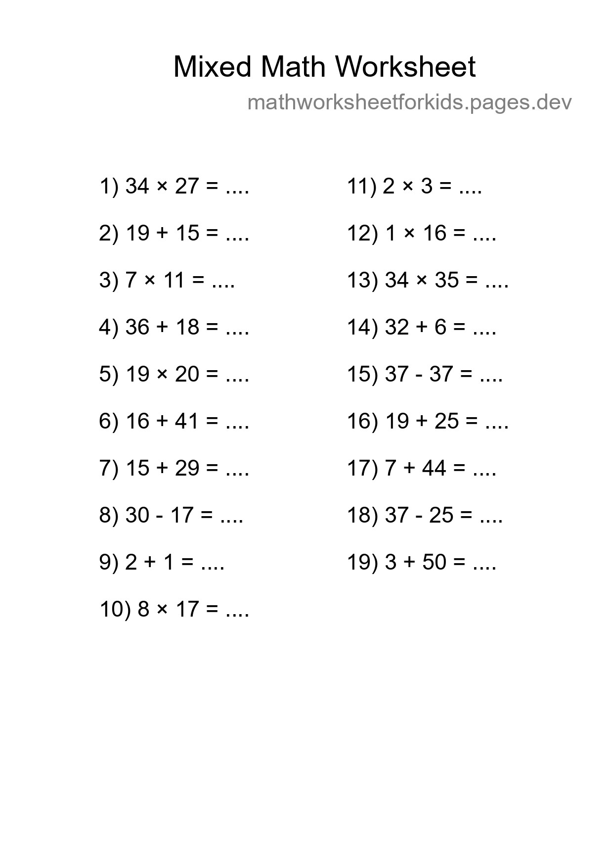 Mixed Operations Math Worksheet