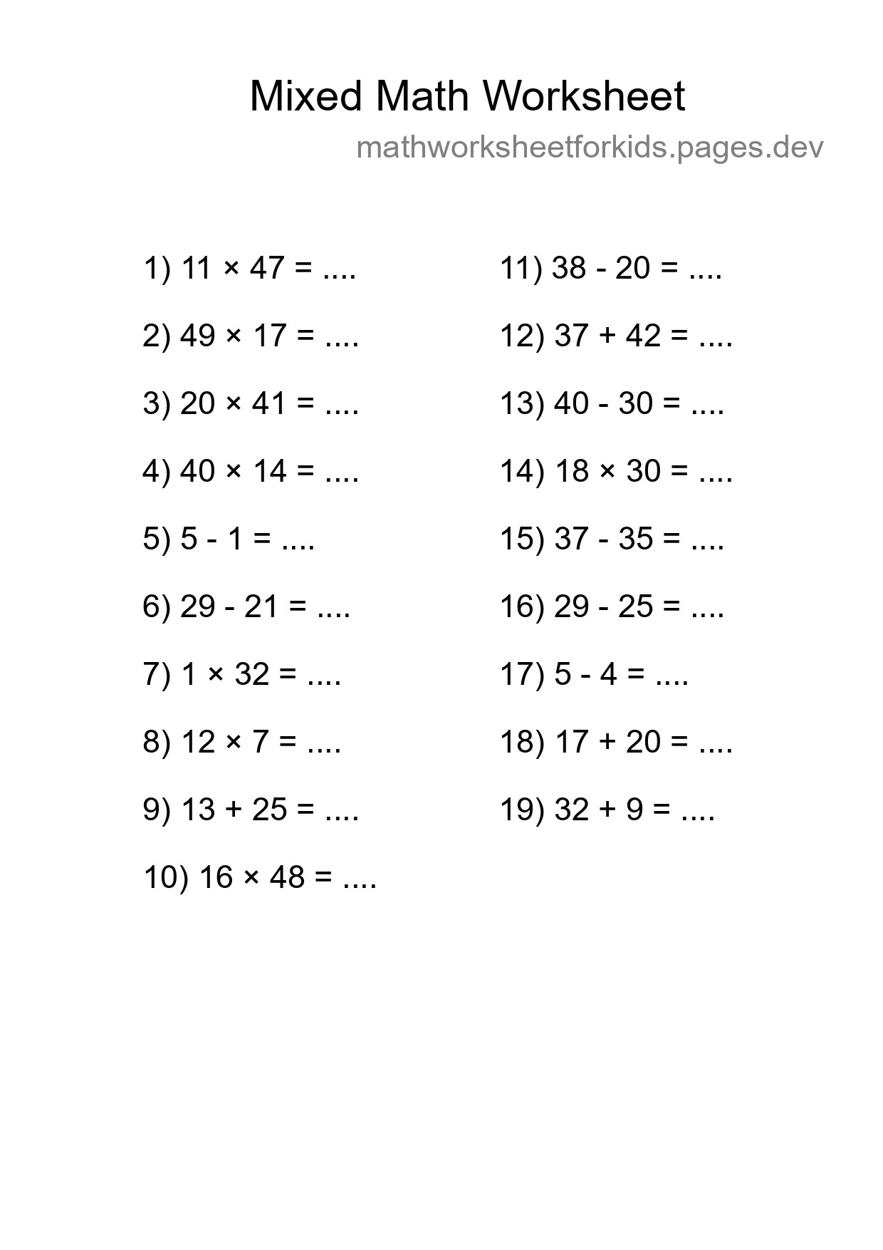 Mixed Operations Math Worksheet