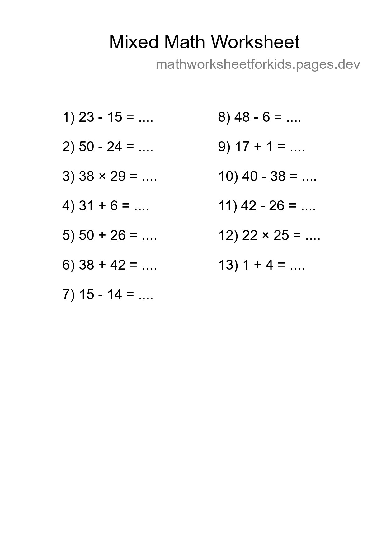 Mixed Operations Math Worksheet