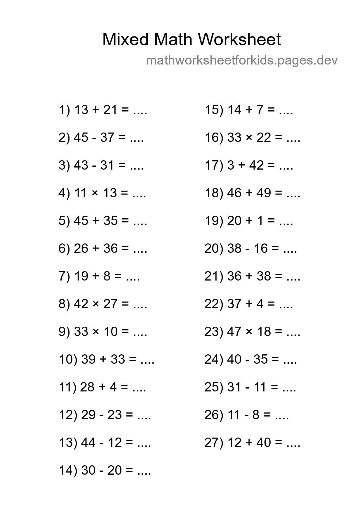 Mixed Operations Math Worksheet