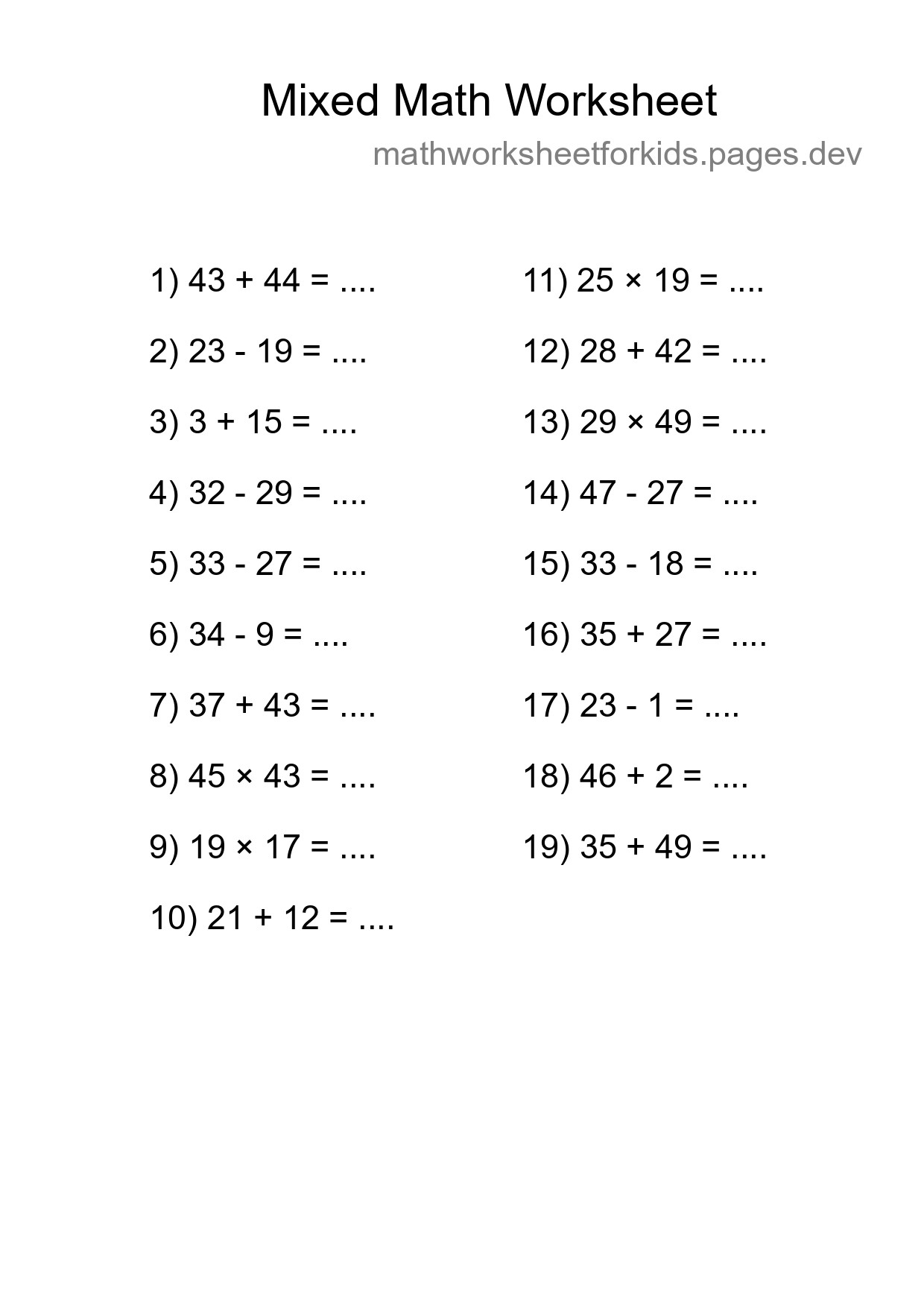 Mixed Operations Math Worksheet