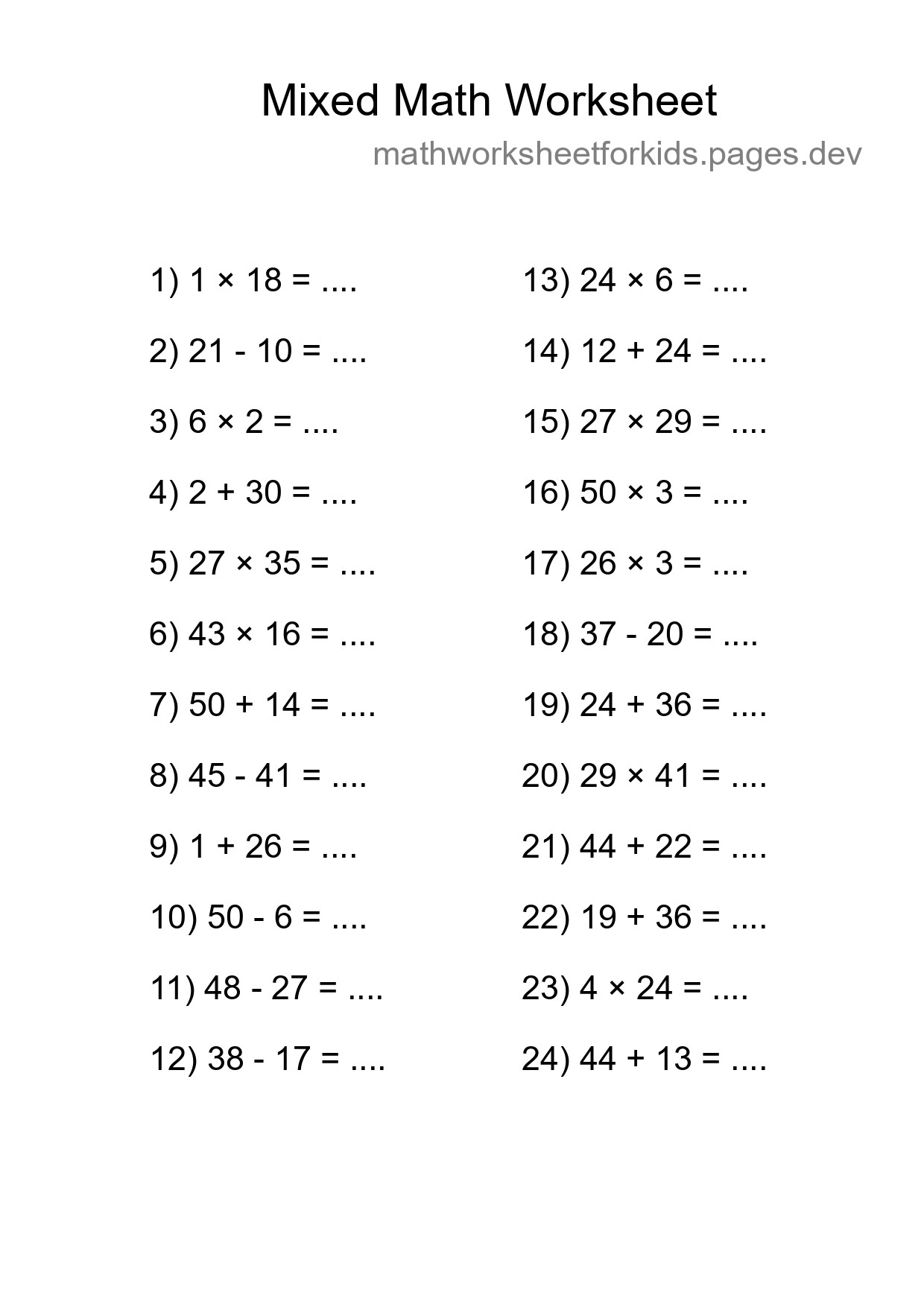Mixed Operations Math Worksheet