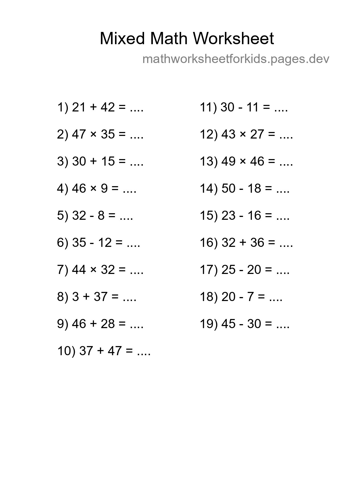Mixed Operations Math Worksheet