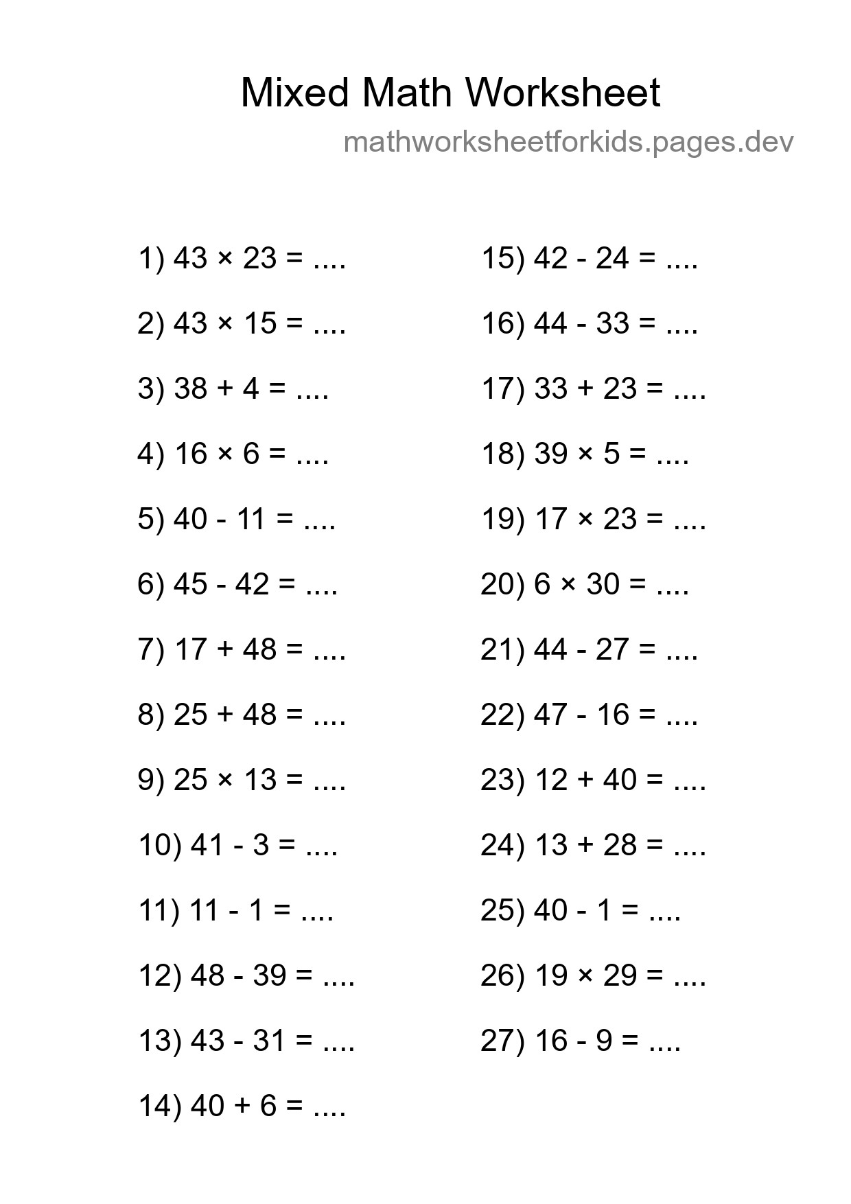 Mixed Operations Math Worksheet