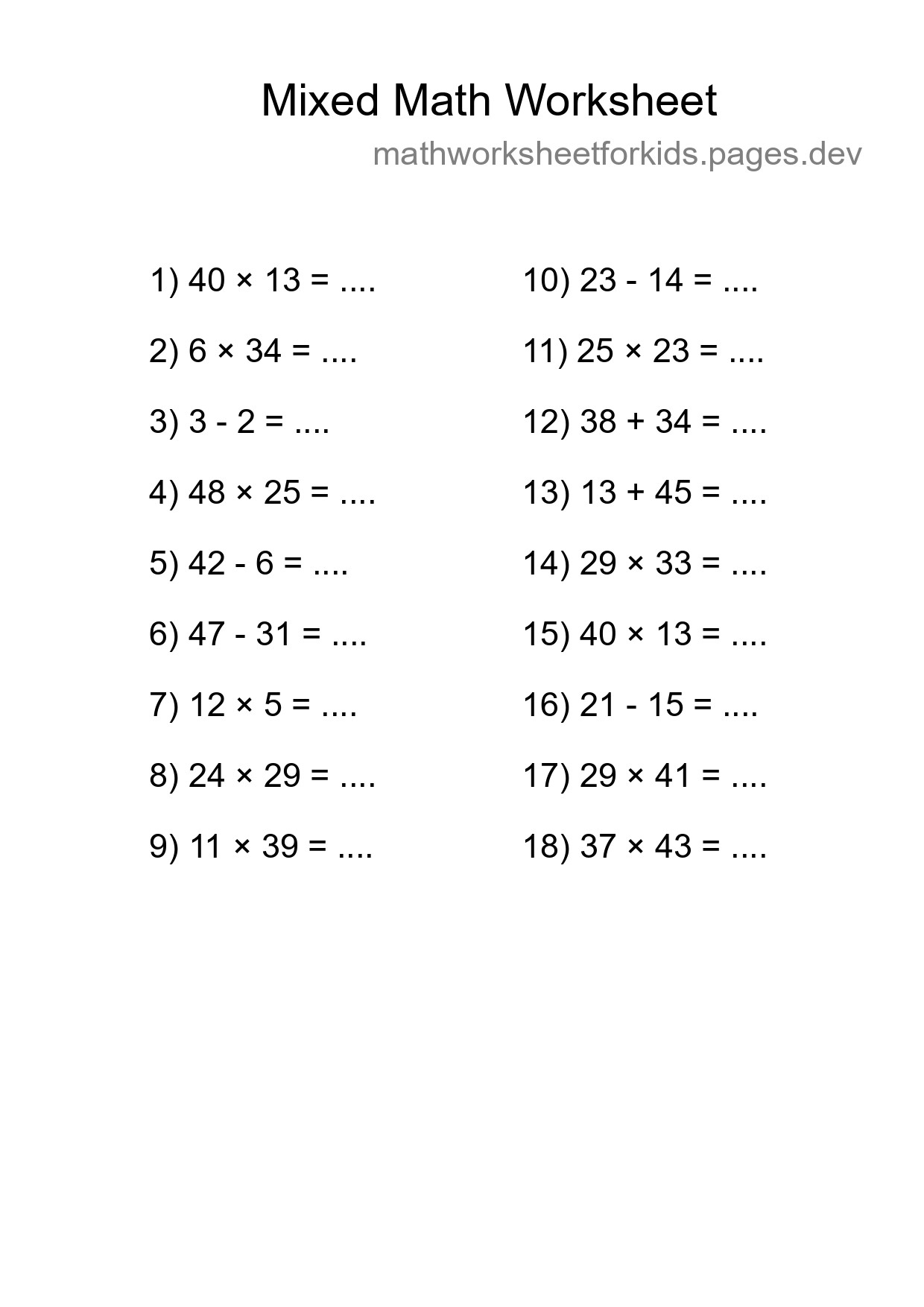 Mixed Operations Math Worksheet