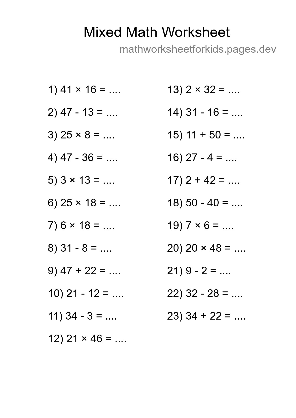 Mixed Operations Math Worksheet