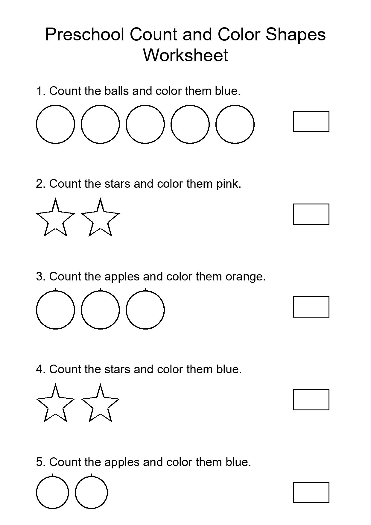 Preschool Count and Color Shapes Worksheet