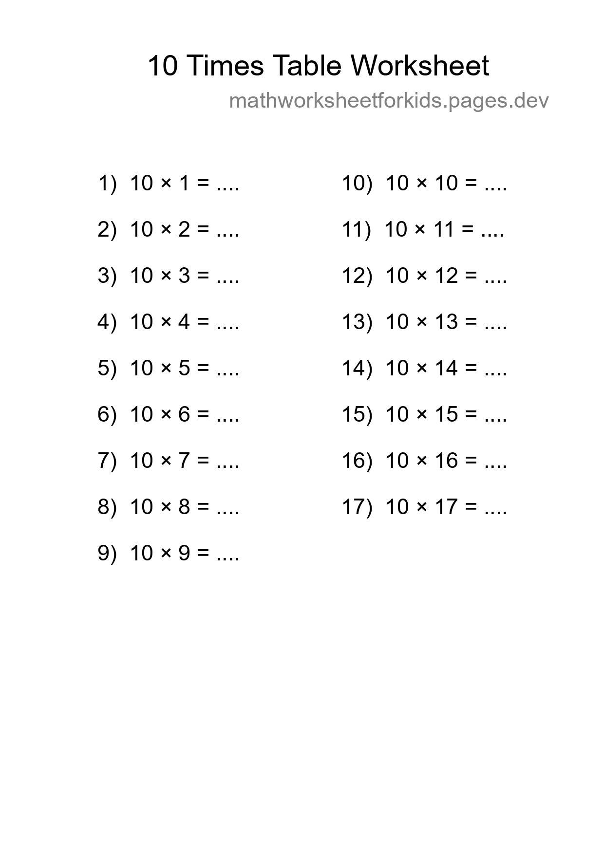 Printable 10 Times Table Worksheet For Grade 3 - Part 129