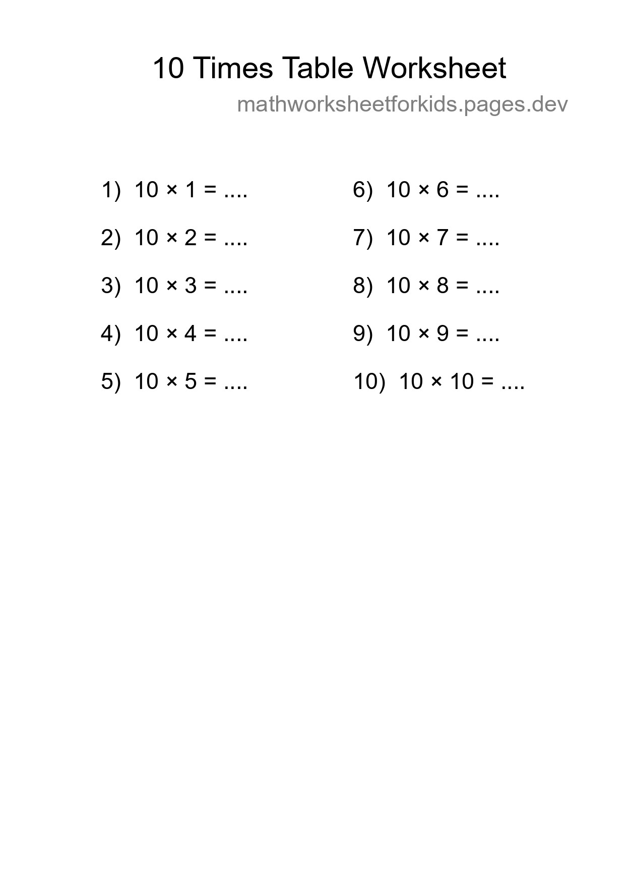Printable 10 Times Table Worksheet For Grade 3 - Part 79