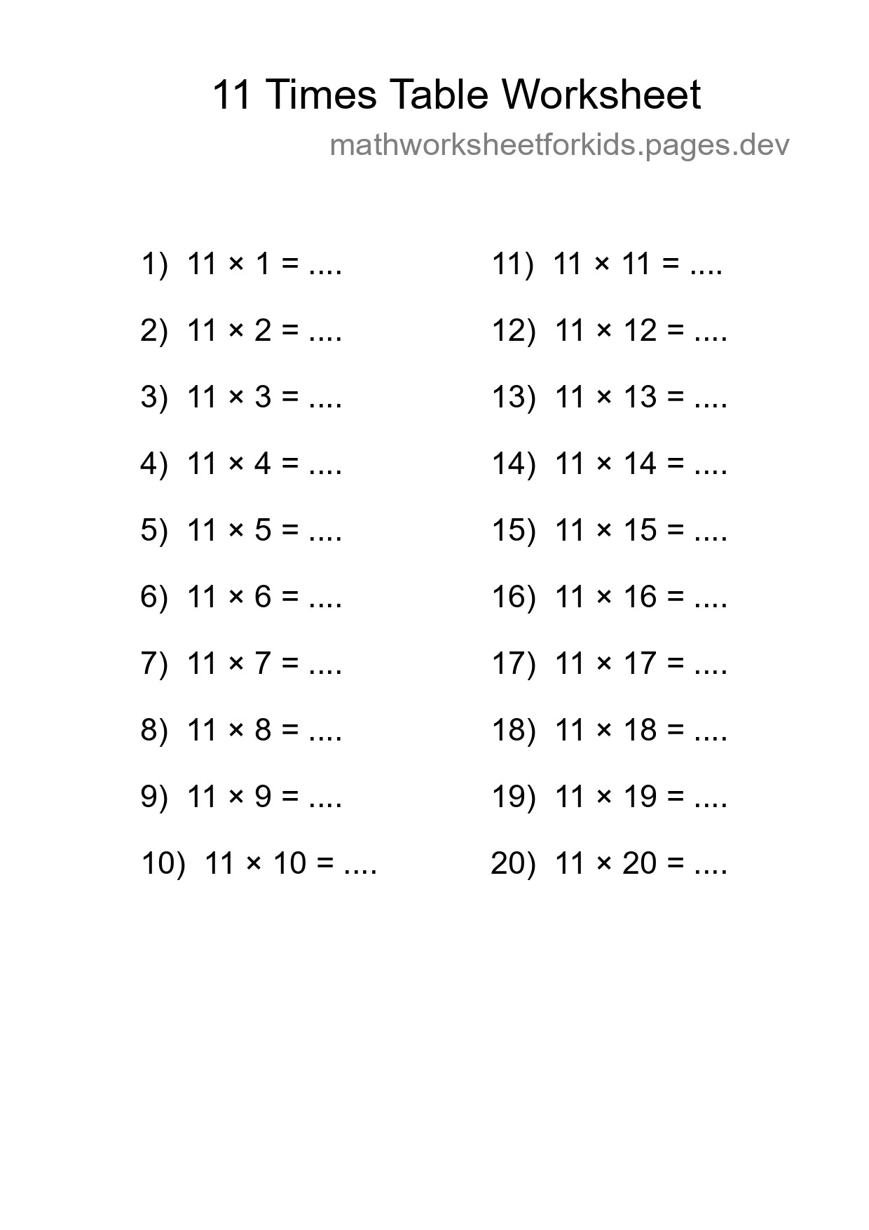 Printable 11 Times Table Worksheet For Grade 4 - Part 49