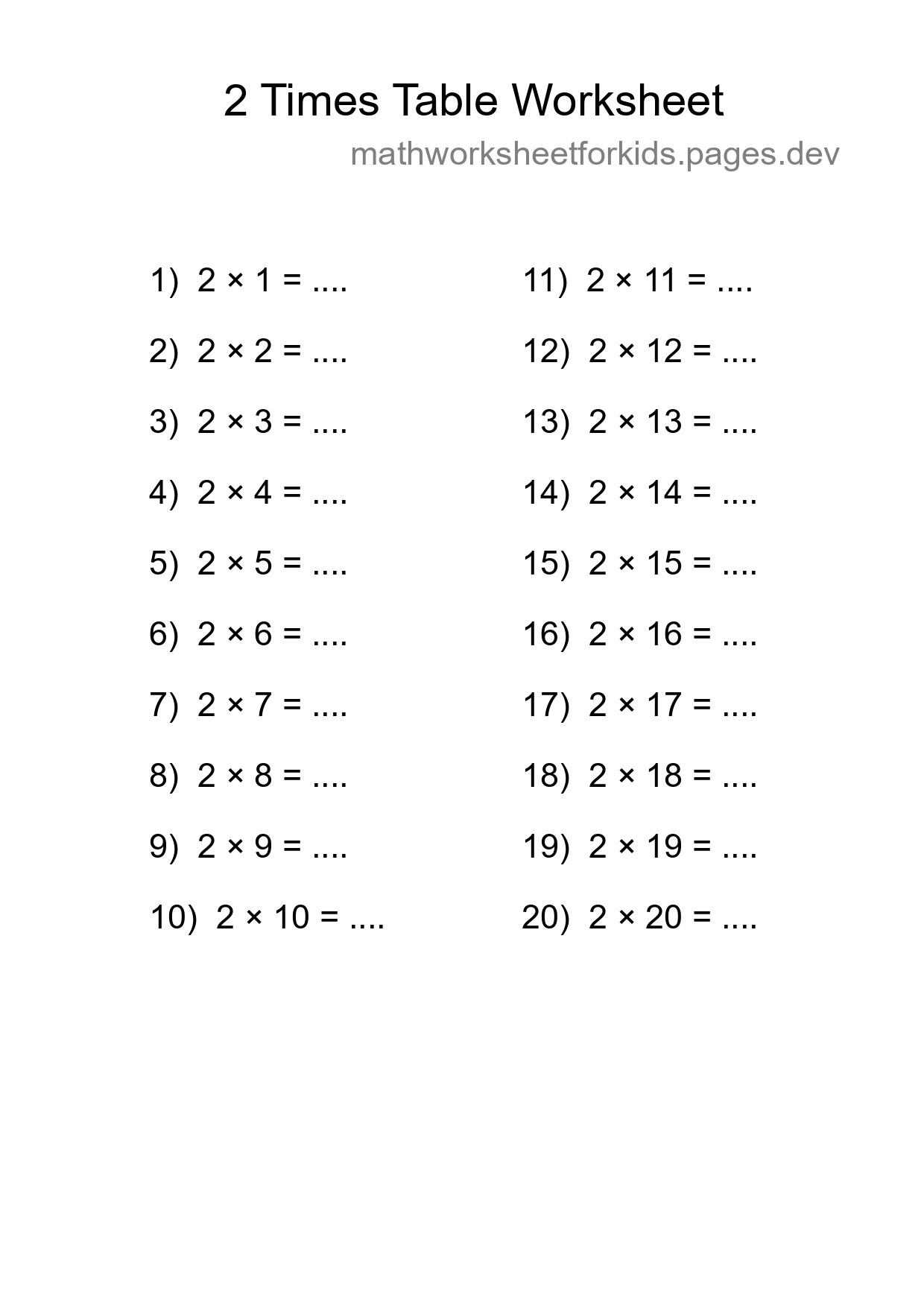 Printable 2 Times Table Worksheet For Grade 2 - Part 9