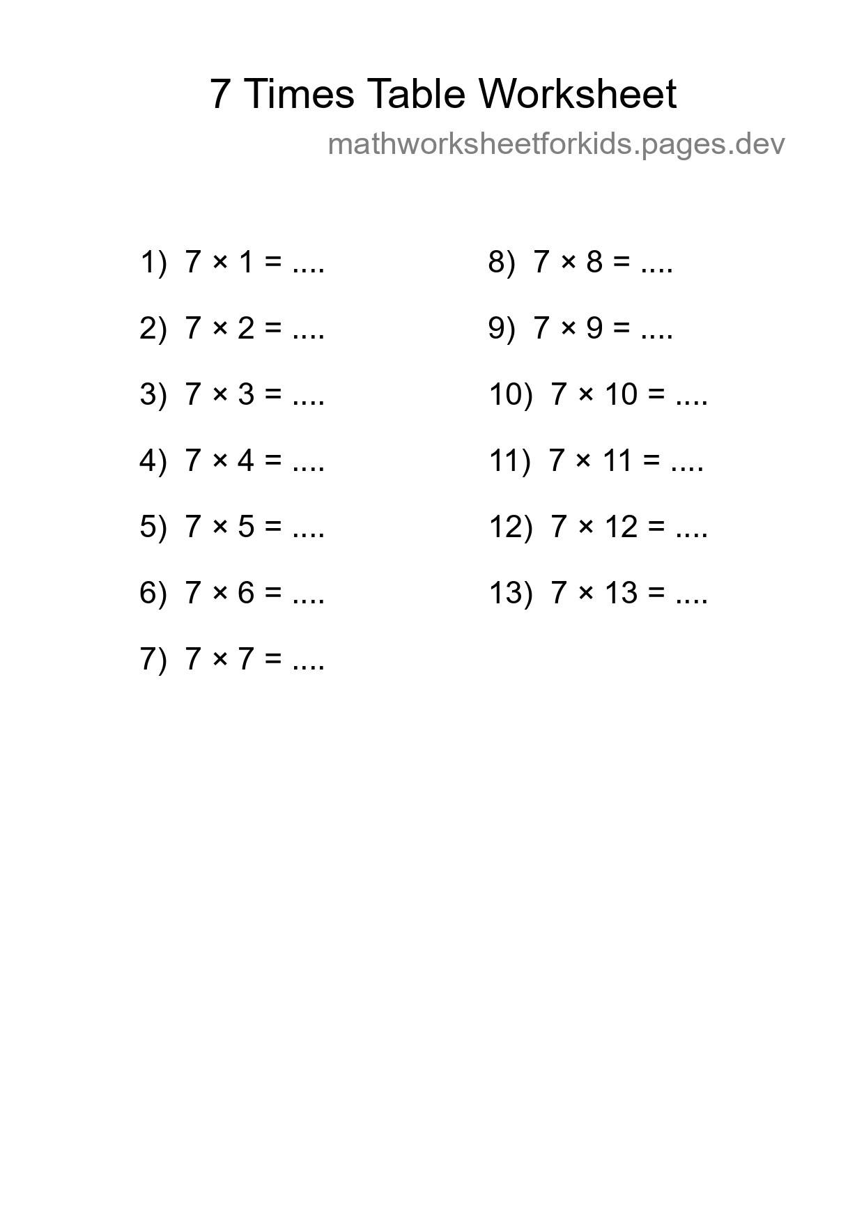 Printable 7 Times Table Worksheet For Grade 3 - Part 109