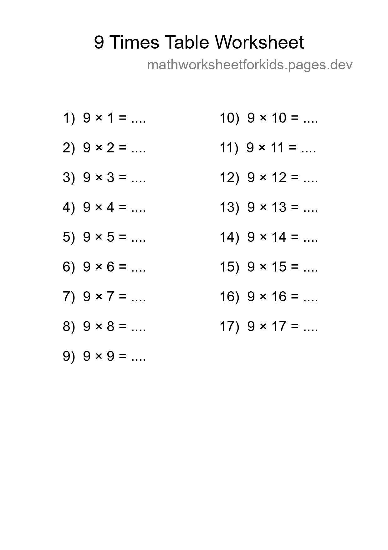 Printable 9 Times Table Worksheet For Grade 3 - Part 149