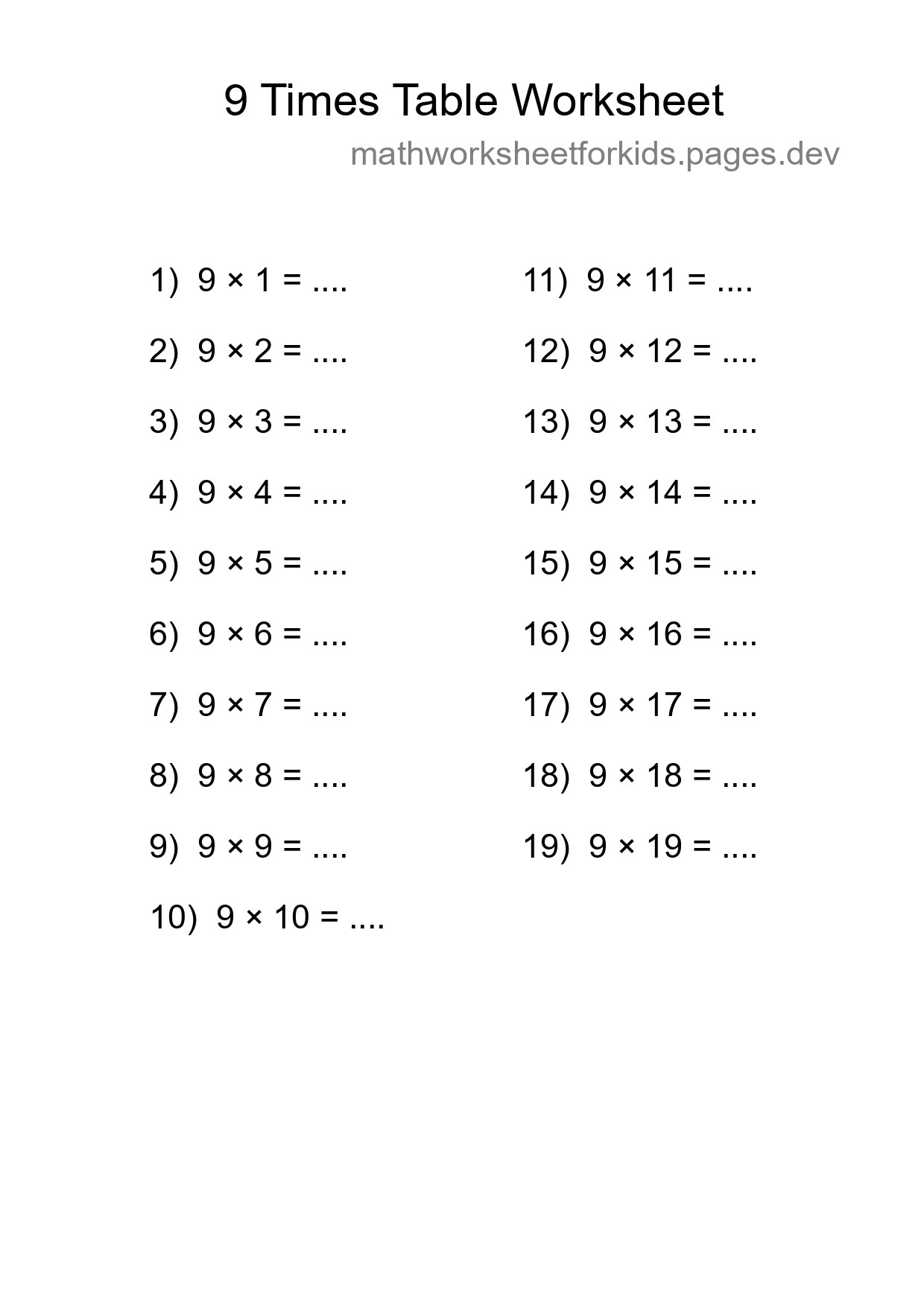 Printable 9 Times Table Worksheet For Grade 3 - Part 199