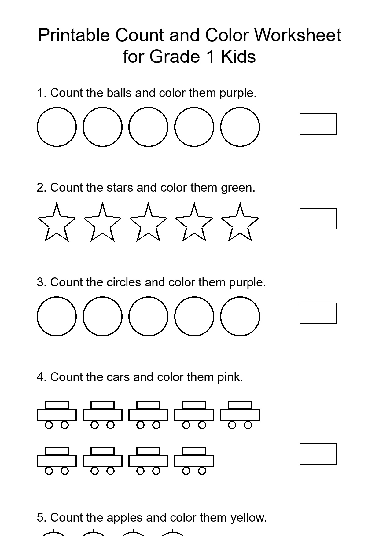 Printable Count and Color Worksheet for Grade 1 Kids