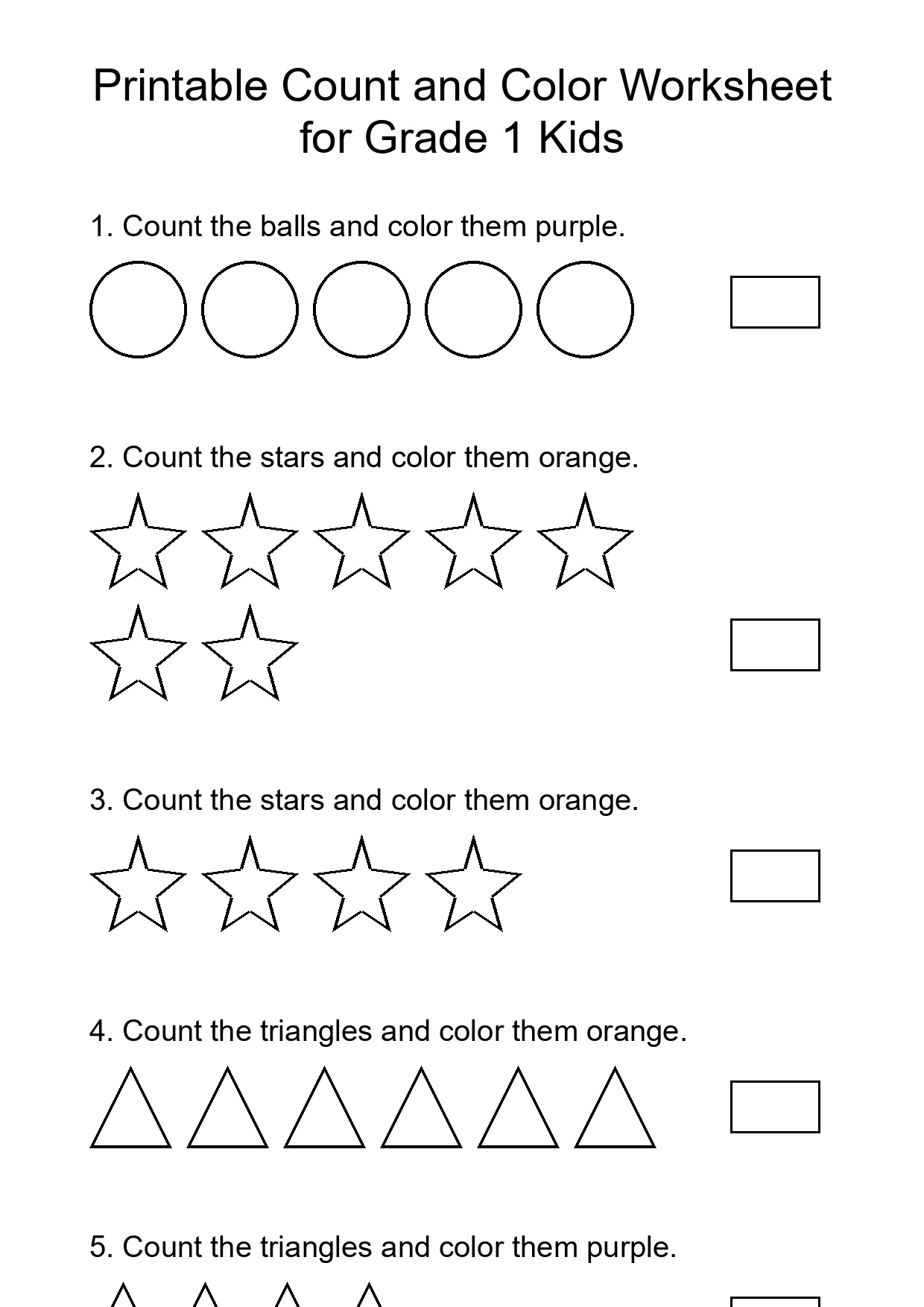 Printable Count and Color Worksheet for Grade 1 Kids