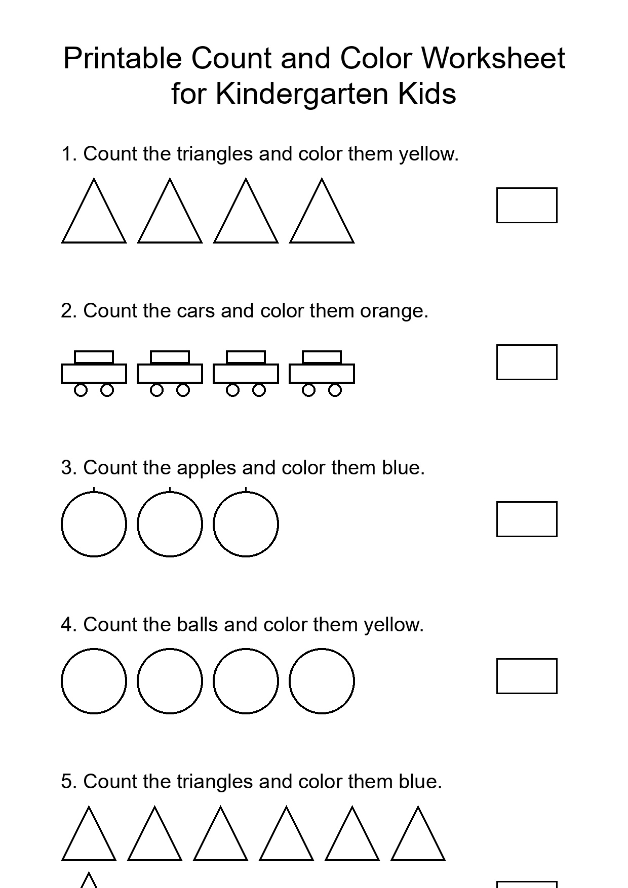 Printable Count and Color Worksheet for Kindergarten Kids