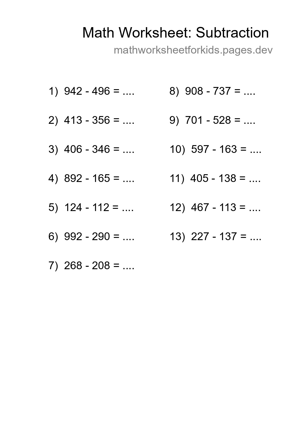 Printable Free 13 Subtraction Math Worksheet For Grade 5 - Part 128