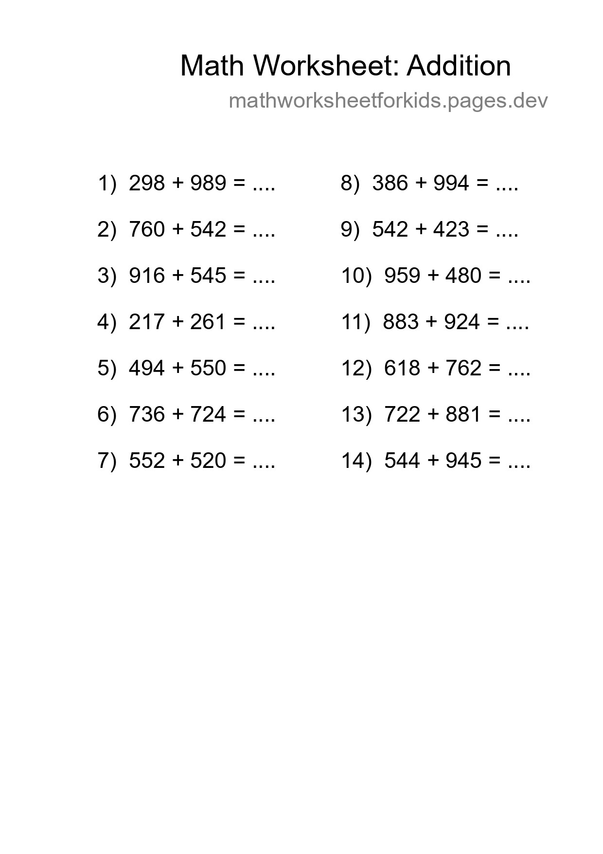 Printable Free 14 Addition Math Worksheet For Grade 5 - Part 201