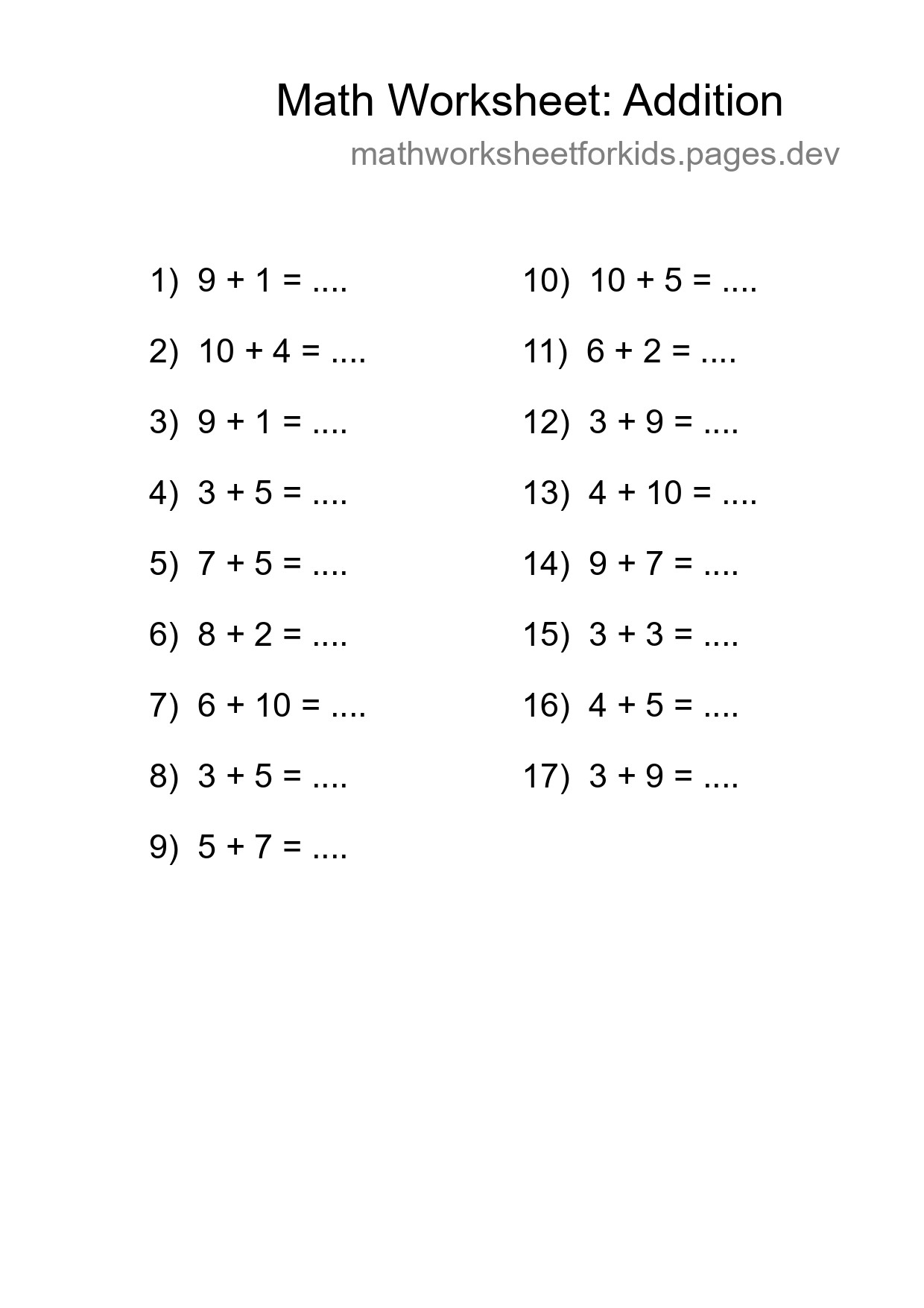 Printable Free 17 Addition Math Worksheet For Grade 1 - Part 241
