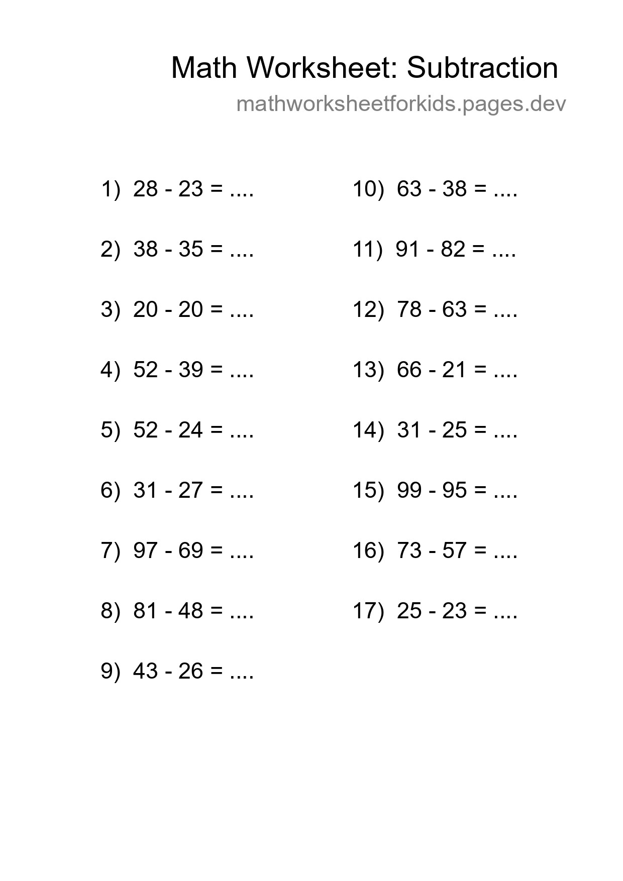 Printable Free 17 Subtraction Math Worksheet For Grade 3 - Part 168