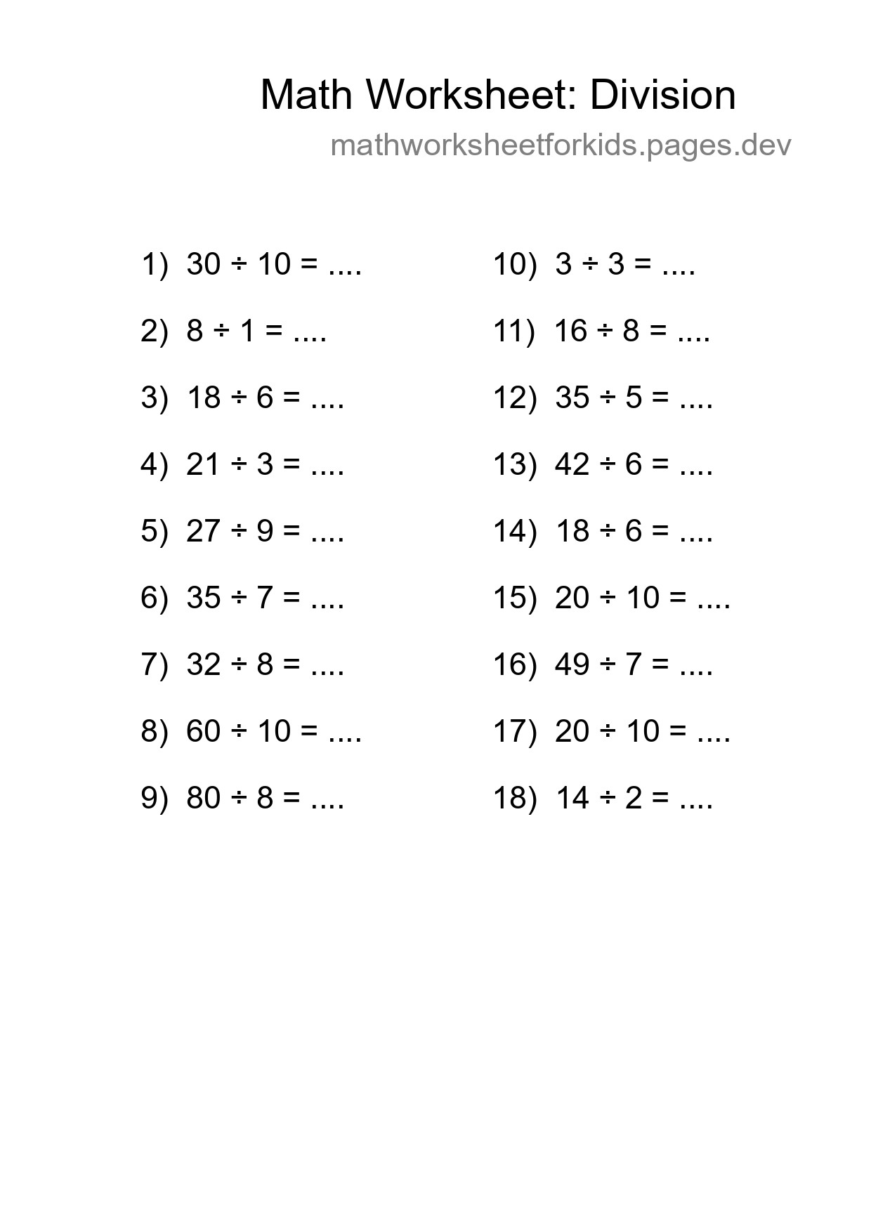 Printable Free 18 Division Math Worksheet For Grade 1 - Part 264