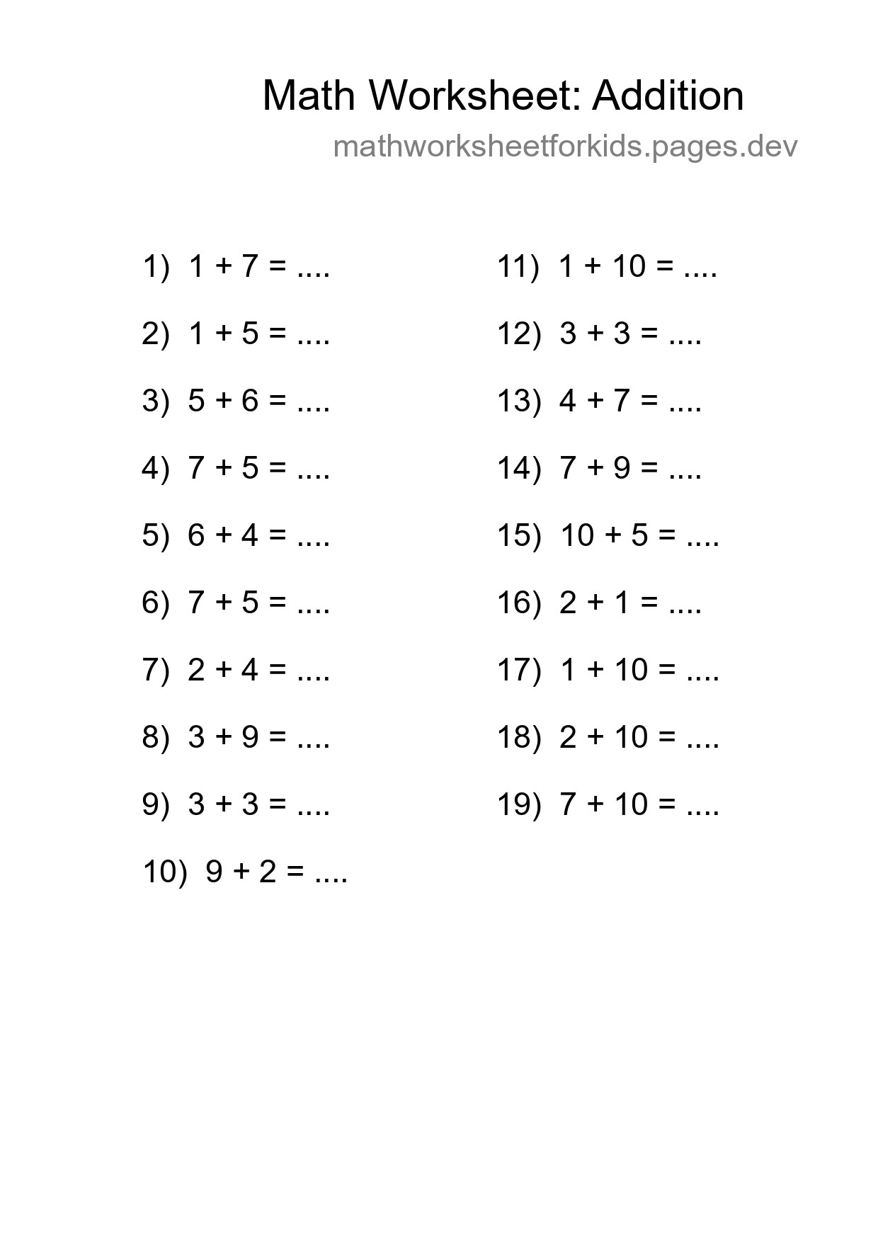 Printable Free 19 Addition Math Worksheet For Grade 1 - Part 31