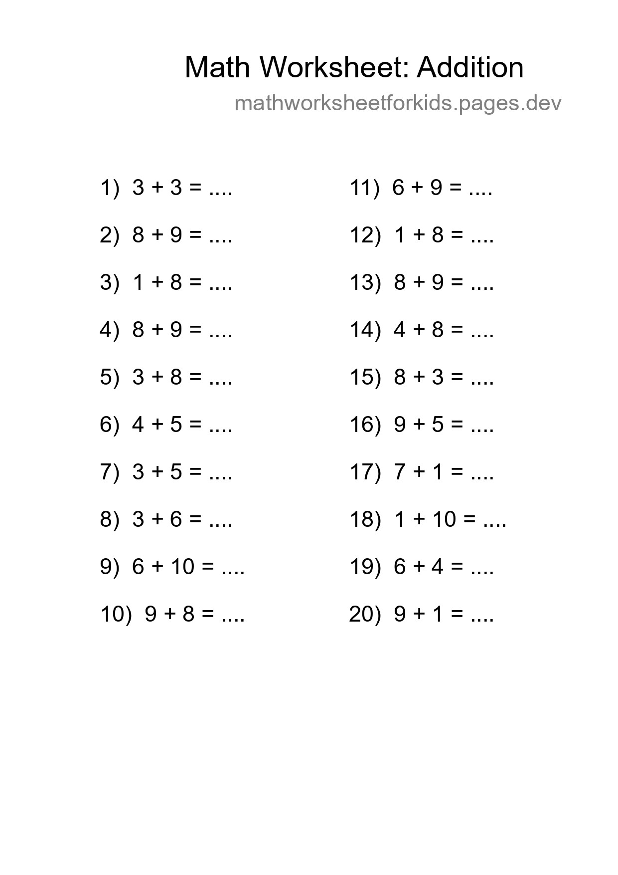 Printable Free 20 Addition Math Worksheet For Grade 1 - Part 61