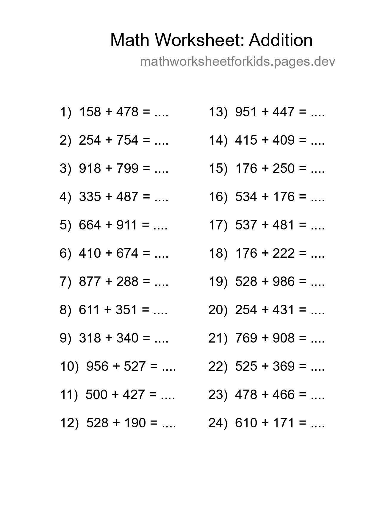 Printable Free 24 Addition Math Worksheet For Grade 5 - Part 251