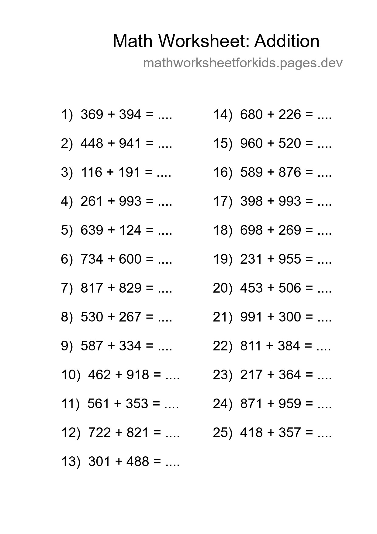 Printable Free 25 Addition Math Worksheet For Grade 5 - Part 81