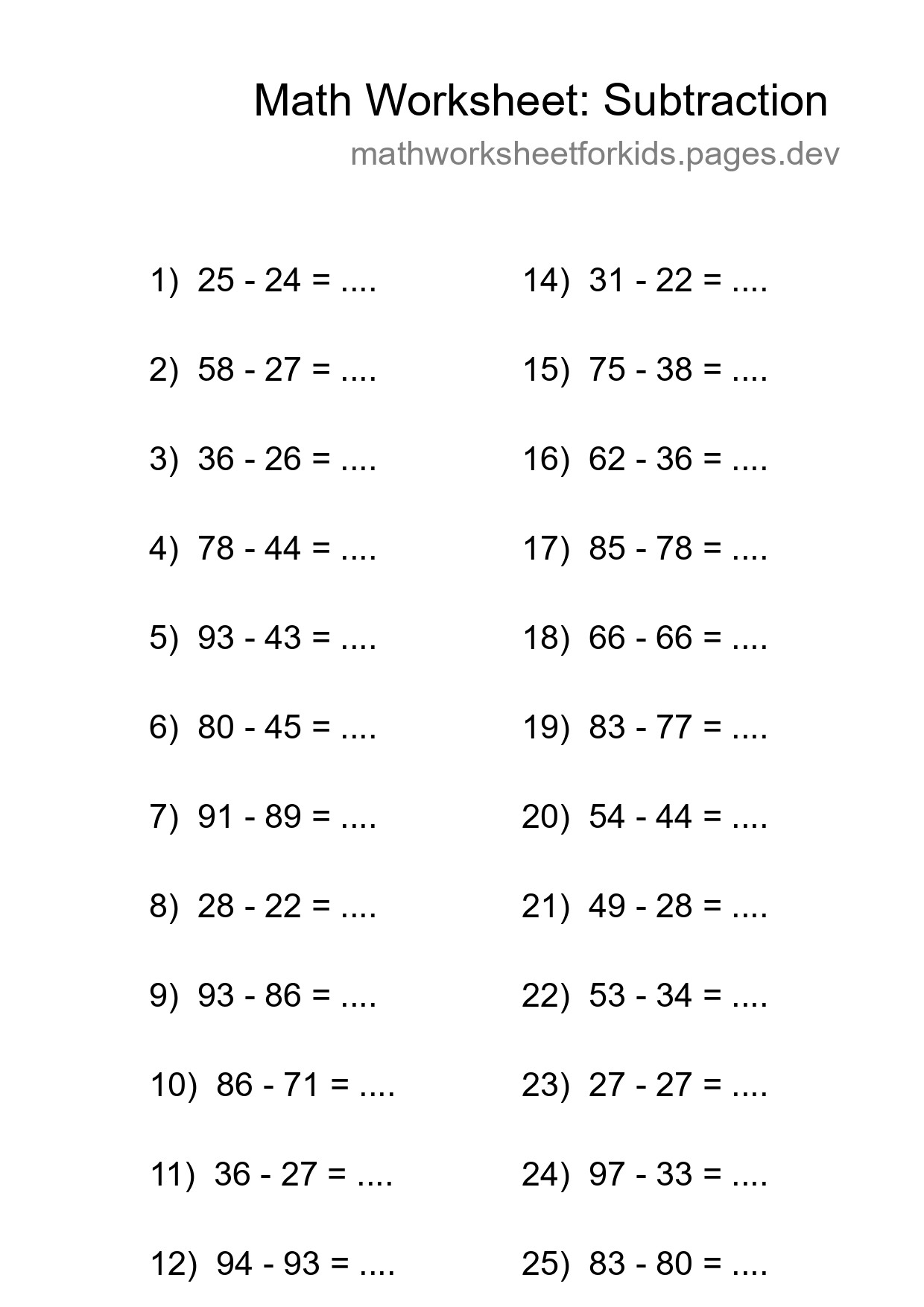 Printable Free 26 Subtraction Math Worksheet For Grade 3 - Part 88