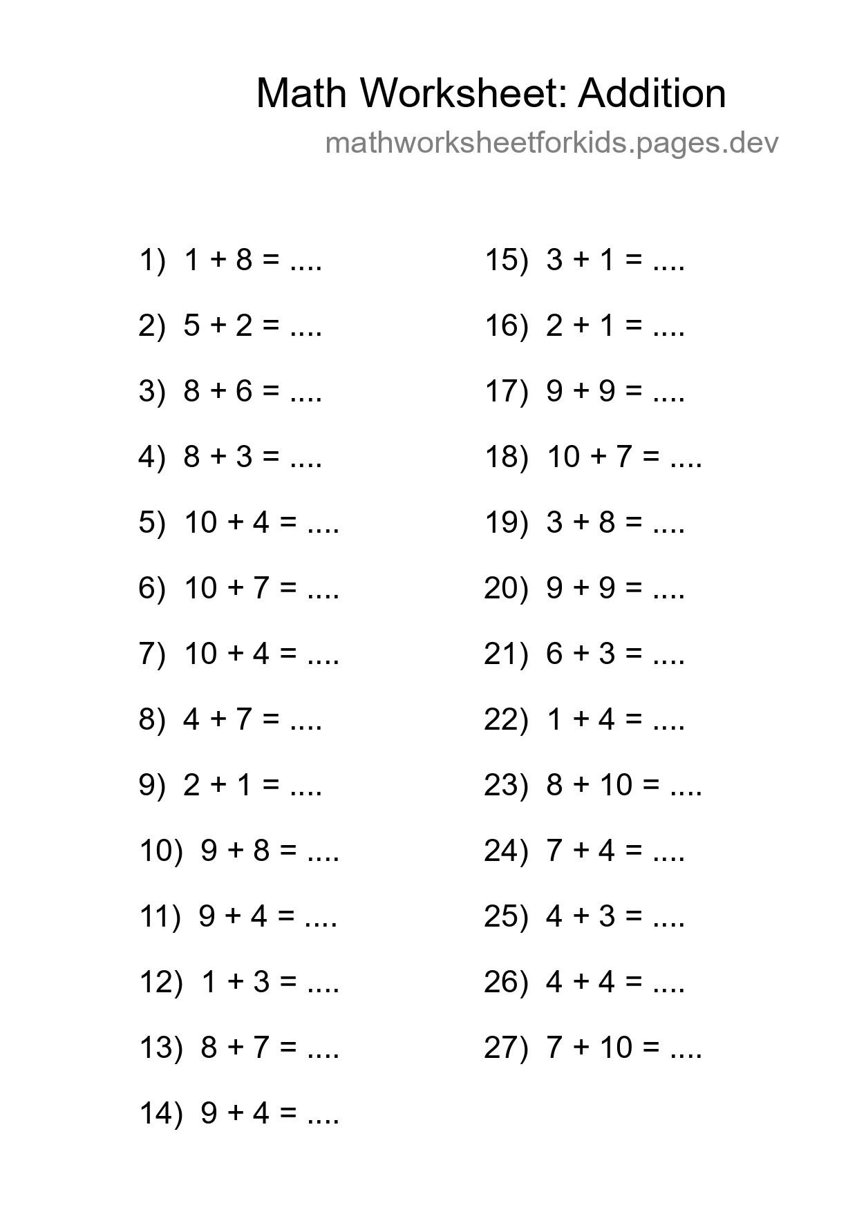 Printable Free 27 Addition Math Worksheet For Grade 1 - Part 71