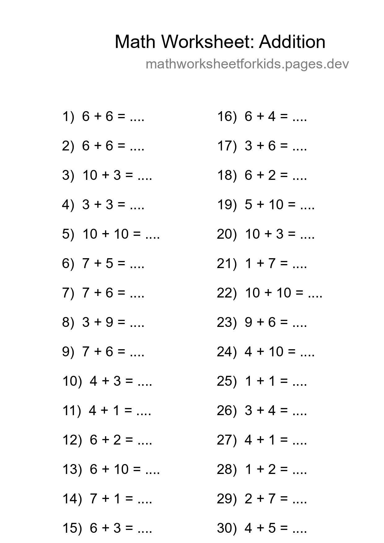 Printable Free 30 Addition Math Worksheet For Grade 1 - Part 141